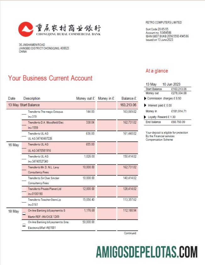 Imprimível Chongqing Rural Commercial Bank Firm modelo de extrato de conta Word e PDF